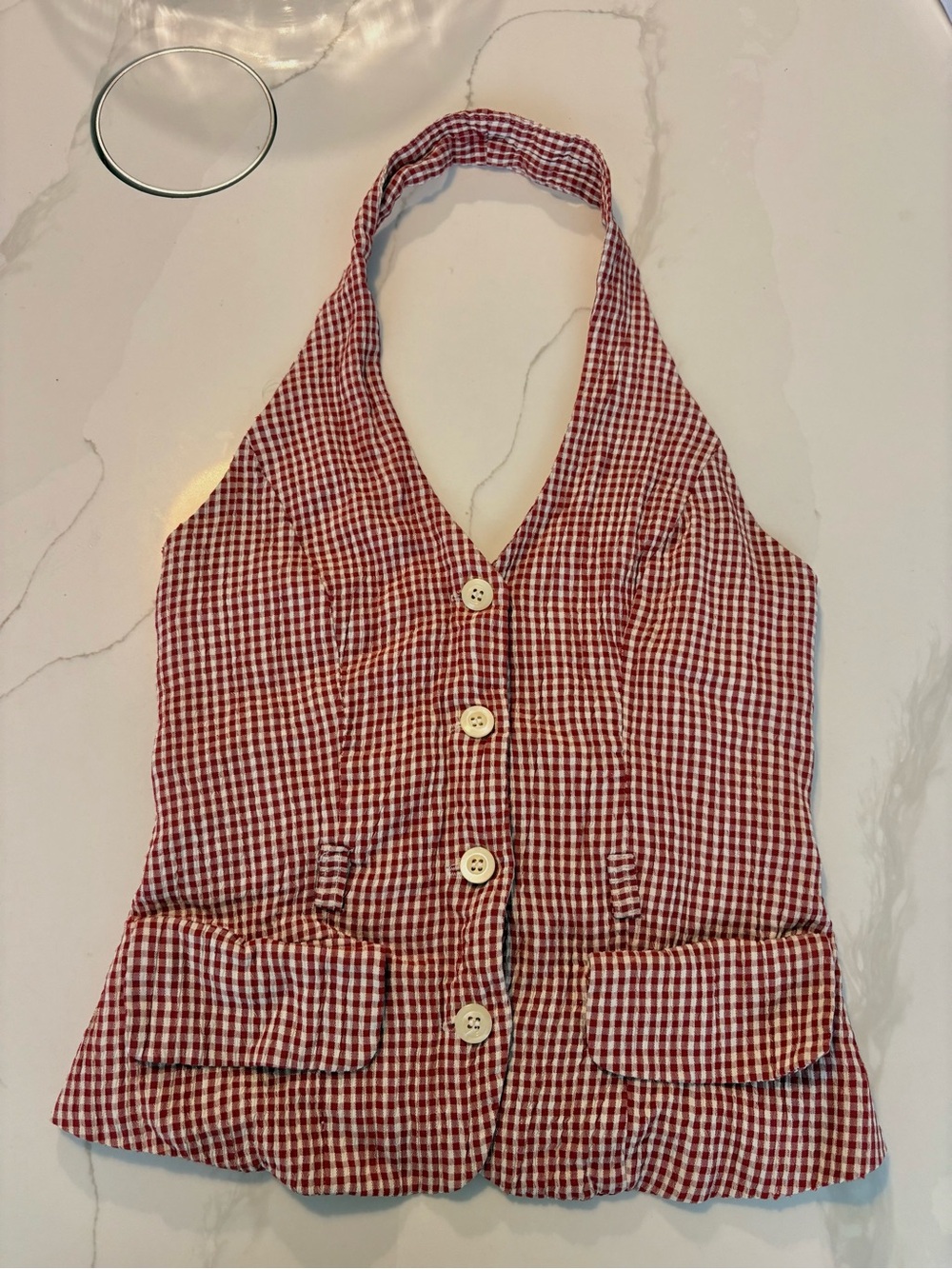 Cignal Red Gingham Halter Top with Button Front